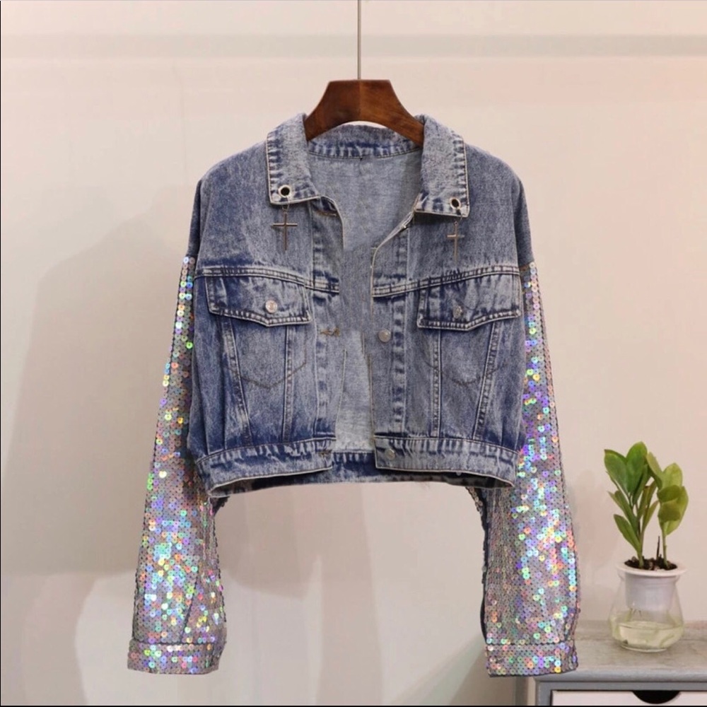 🆕 Faux Fur Unicorn Sequin Denim Crop Jacket C74 - Picture 3 of 7